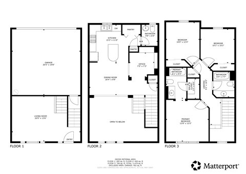 A floor plan for a home with three bedrooms, two bathrooms, and a living area.